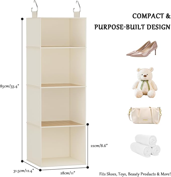Hanging Closet Organizer and Storage with Bamboo Shelves - Foldable Storage for Clothes, Towels, Accessories | Space Saving, No Assembly Needed (Beige)
