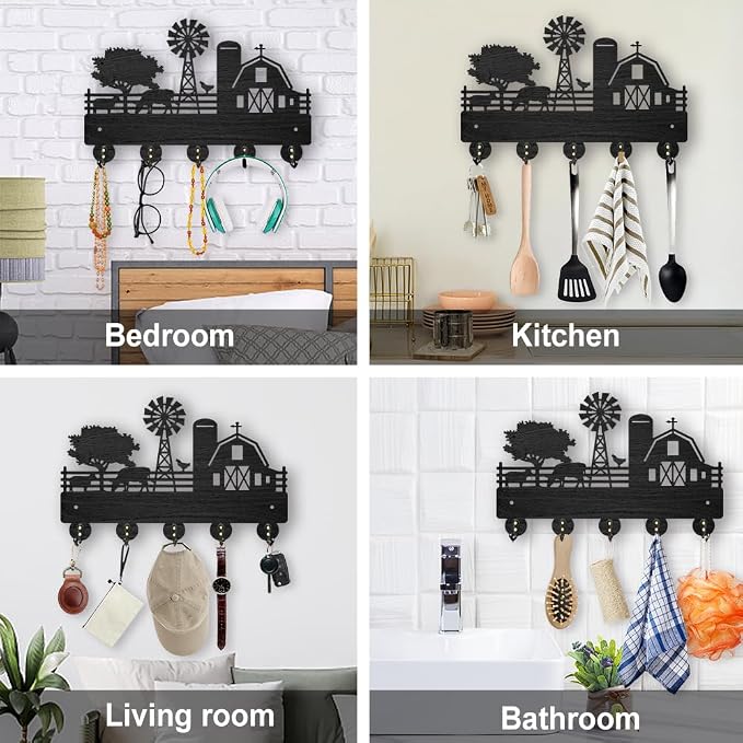 MAYJOYDIY Farm Cow Sheep Coat Rack Wall Mounted Wood Farmhouse Animal Key Hanger Wall Art Decor 11.8×7.9inch 5 Alloy Hooks Black Key Rack Organizer for Gift Entryway Hallway Kitchen Room