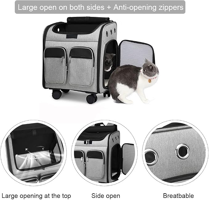 Wheeled Pet Carrier Backpack Pet Stroller, Travel Carrier, Car Seat for Small Dogs Cats Puppies, Comfort Cat Backpack Removable Rolling Wheels – Mesh Ventilation Windows (Large Grey)