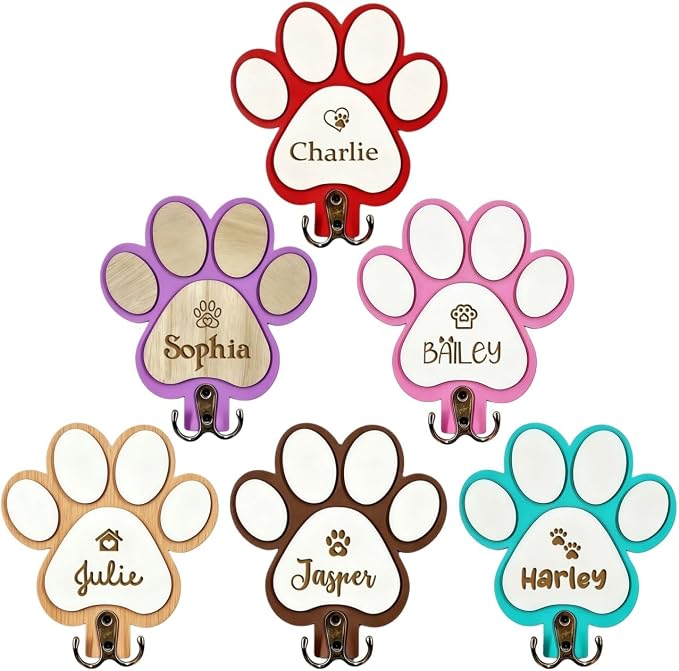 Personalized Dog Leash Hanger, Custom Engraved Name Wood Paw Print Leash Hook, Decorative Entryway Key Rack Harness Collar Organizer Pet Supplies Gift