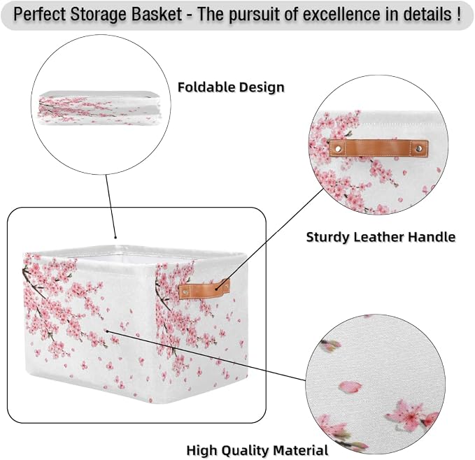 Basket Storage Bins Japanese Cherry Blossoms Rectangle Cube Basket Box Kids Girls Boys Toys Organizer Beaket Decor Foldable with Handle for Living Room Bedroom Closet Nursery Office Shelf Gifts