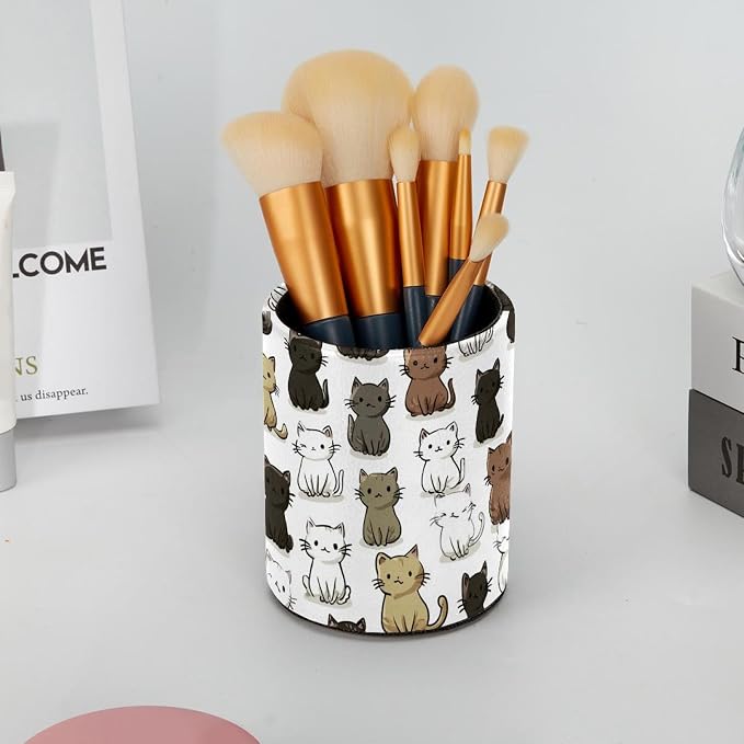 Faux Leather Pen Holder for Desk, Pencil Organizer Cute Cat Pen Cup Desk Decor Makeup Brush Holder Storage for Office Home