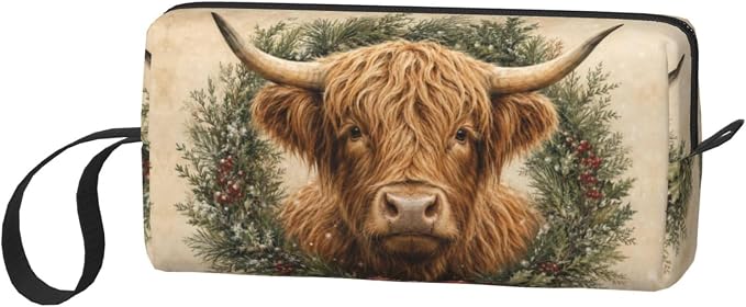 Highland Cow Evergreen Wreath Makeup Bag for Women, Cosmetic Pouch | Double-Sided Highland Cow Wreath Cosmetic Organizer with Foam Padding for Women, Travel, Gym, School, and Daily Storage