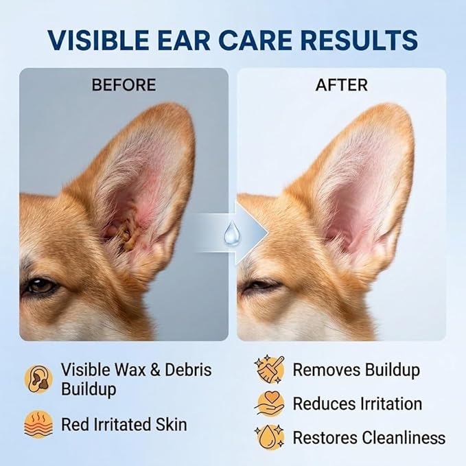 Dog Ear Wash - Gentle Cat Ear Cleaner Solution, Removes Ear Wax Debris and Ear Odor, Pet Ear Drops Liquid for Routine Ear Care, 6 fl oz