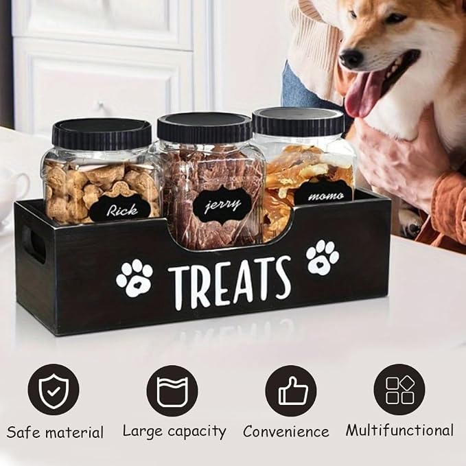 Dog Treat Container for Countertop, Pet Snack Storage Box Includes 3 Treat Jar & Wooden Pet Treat Container Pet Food Organizer For Puppy Airtight Dog Treat Storage With Lids