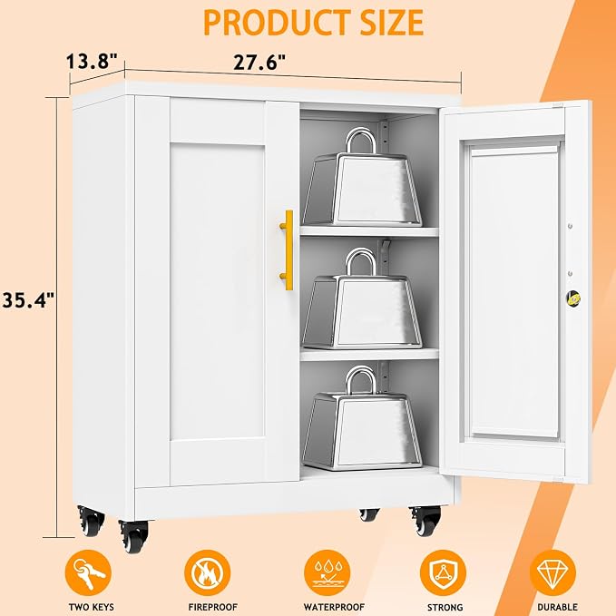 Small Metal Storage Cabinet with Wheels, Lockable Tool Cabinet with Doors | 2 Adjustable Shelves, Locking Doors, Magnetic Closure, Rolling Base, Compact 27.6-Inch Width, Cold-Rolled Steel