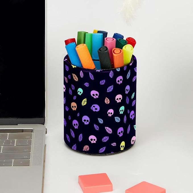 Faux Leather Pen Holder for Desk, Pencil Organizer Skull Pen Cup Desk Decor Makeup Brush Holder Storage for Office Home