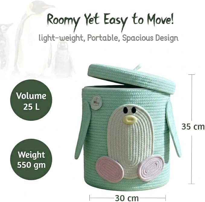 Storage Basket with Lid, Collapsible Woven Cotton Rope Basket, Penguin Design, Foldable Bin with Cutout Handles, Washable Organizer for Laundry, Blankets, Clothes, Books, & Home Organization (Penguin)