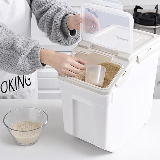 25LB Large Flour Storage Container Bin,4 Pack Airtight Plastic with Wheels Seal Locking Lid Dispenser Organizer Storage Bin with Measuring Cup & Scoop for Flour, Rice, Grain 100LBS Total，Grey