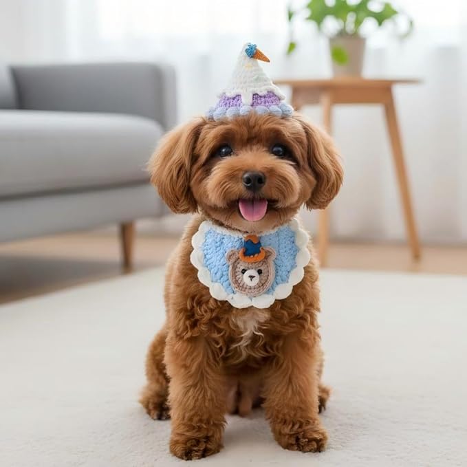 Handmade Knit Pet Birthday Costume – Adjustable Birthday Dog Hat & Teddy Bear Bandana for Cats and Small to Medium Dogs, Cute Outfit for Party, Holiday, Daily Wear & Photos
