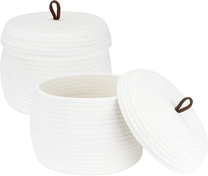 Sea Team Round Woven Cotton Rope Storage Basket with Lid, White, 2-Pack | Lidded Knitted Decorative Storage Bin, Pot, Caddy, Organizer, Container for Snacks, Towels, Plants, 10 x 7.5 Inches