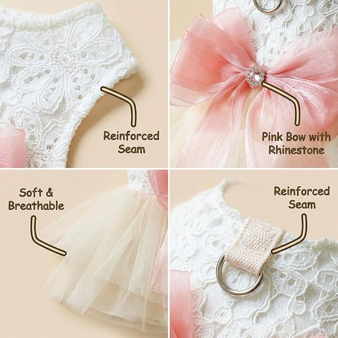 Dog and Cat Girl Bow Dress, White Dog D-Ring Wedding Dress with Pink Bow, Cat Birthday Set, Chihuahua York Pomeranian Cat Pet Party Dress (Pink Bow-Princess, Small)