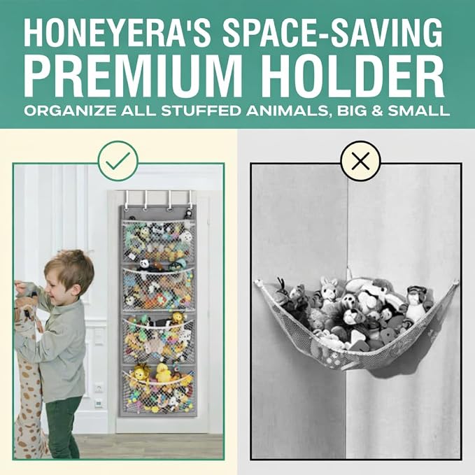 Honeyera Storage for Stuffed Animal - Over Door Organizer for Stuffies, Baby Accessories, and Toy Plush/Easy Installation with Breathable Hanging Pockets (Gray)