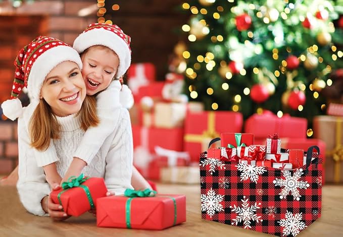 Rectangular Christmas Baskets,Snowflakes Basket Empty,Waterproof PE Coating Cute Bins for Kids with Handles,Gifts Baskets,Books Bin. (Red snowflakes)