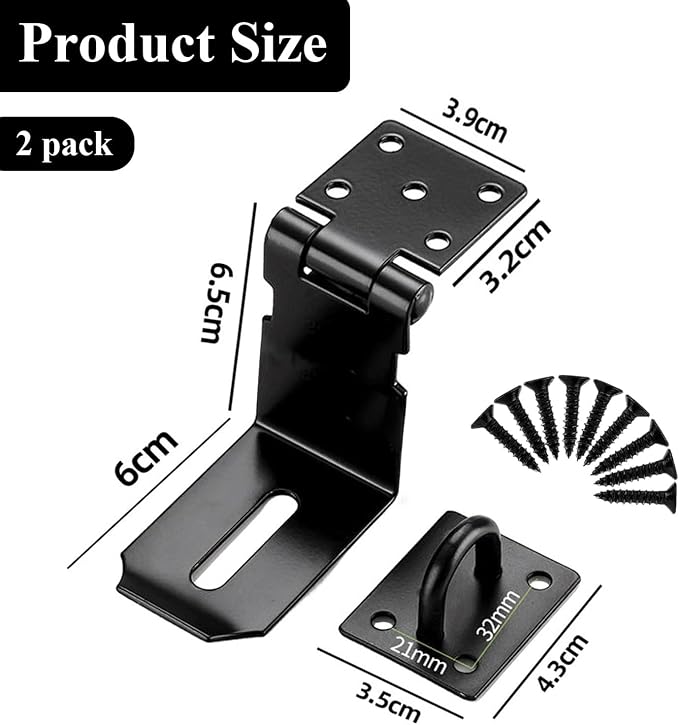 5 Inch Right Angle Padlock Hasp, Stainless Steel Safety Door Clasp, 2 Pack Garden Gate Lock Latch with Screws, for Wooden Barn Shed Door, Closets, Cabinets, Storage Box, Pet Cage, Matte Black