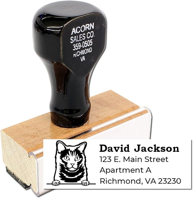Peeking Chartreux Cat Wood Handle Address Stamp - Custom Rubber Stamp | Rectangular Address Stamp for Cat Moms. Laser-cut. Personalized Address Stamp Chartreux Cat. 4 lines. Nothing preset.