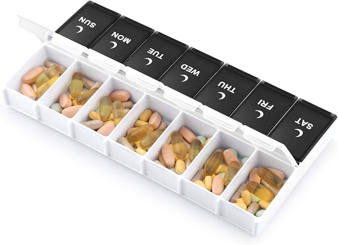 DANYING Extra Large Pill Organizer 2 Times a Day, XL Weekly Pill Box 2 Per Day, AM PM Pill Case, Day Night Pill Container 7 Day, Vitamin Case Twice a Day, Black & White