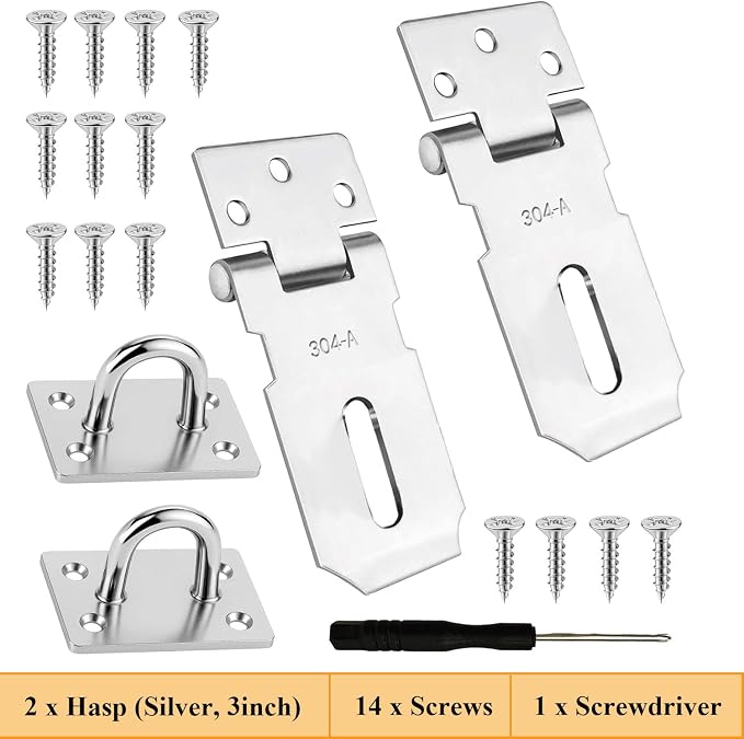 2 Pack Stainless Steel Padlock Hasp, Security Lock Latch, Heavy Duty Gate Staple for External Doors, Shed Door, Fence, Window, Cabinet, Pet Cage, Crate, Silver (3 Inch)