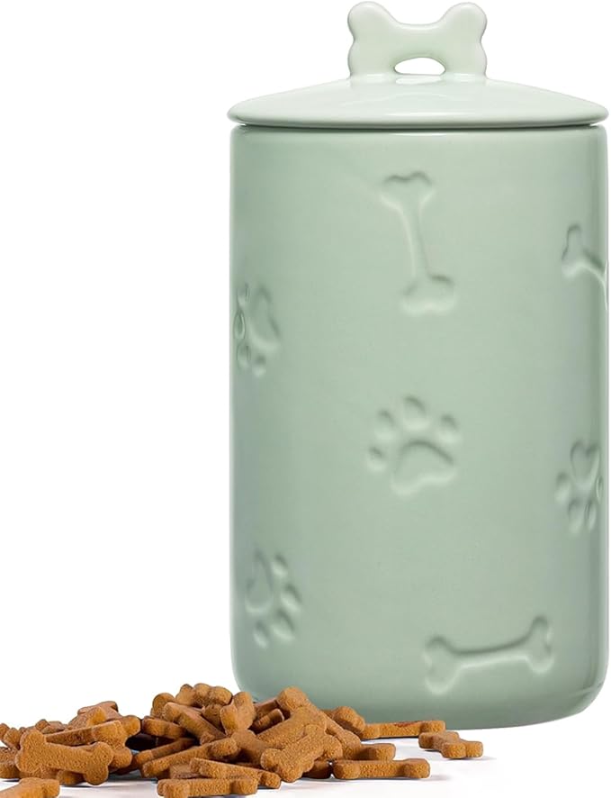 Dog Treat Container Airtight - 9"x5" Ceramic Big Treats Jar with Lid(Green) | Large Capacity Doggie Cookie Jar for Countertop, Airtight Lid Keep Food Fresh, Sturdy Durable, Cute Prints and Bone Handle
