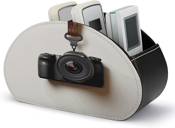 Camera Hanging on White Wall Remote Control Holder Desk Storage Organizer Box Container Remote Storage Box with 5 Compartments PU Leather Remote Caddy for Home Bedside Table Organizer
