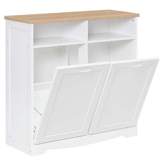 HOOBRO Double Tilt Out Trash Can Cabinet, 20 Gallon Kitchen Trash Bin Cabinet, Hidden Trash Storage with Open Compartments, Hidden Laundry Hamper, for Kitchen, Laundry, White and Natural WN04LJ01