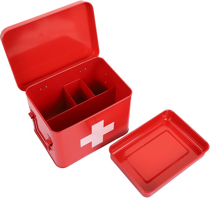 Lassos Boutique Retro Enameled First Aid Box for Medicine Storage and Home Decor with Lid and Removable Tray (Red/White)
