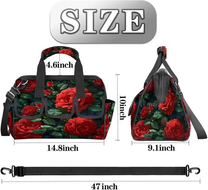 Red Rose Heavy Duty Tool Bag 14.8 Inch Red Floral Flower Portable Soft Tool Box Organizer Storage with Adjustable Shoulder Strap