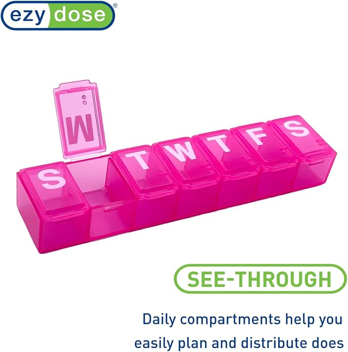 Ezy Dose Weekly (7-Day) Pill Organizer, Medium Planner, Pink, BPA-Free | Compact Daily Vitamin & Supplement Medicine Case, Pop Up Compartments, Convenient and Easy to Use, Travel-Friendly, BPA-Free