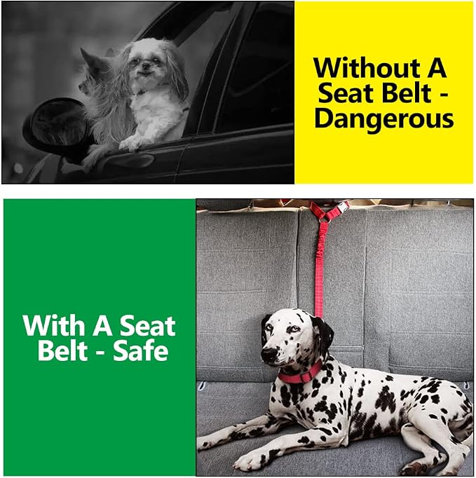 Plutus Pet Dog Seat Belt for Car Headrest, Reflective with Elastic Bungee | Adjustable Restraint for Safety, Vehicle Seatbelt Harness for Small Medium Large Dogs and Cats, Red