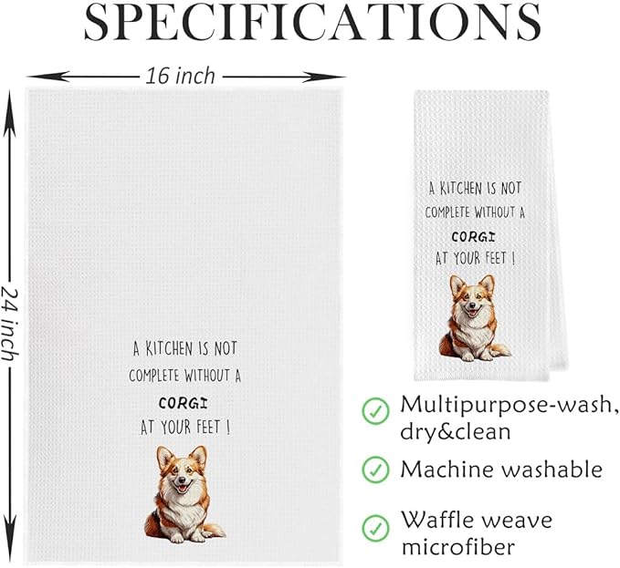 Funny Corgi Dish Towels Set - Corgi Gift Waffle Weave Kitchen Towels, Dog Decorative Hand Tea Towels for Bathroom Kitchen (16×24 Inches Set of 2)