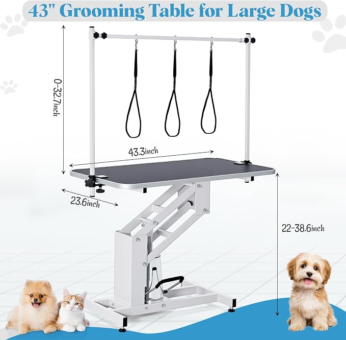GarveeLife 43.3" Hydraulic Dog Grooming Table for Pet, Heavy Duty Structural Hydraulic Max Load 350Lbs Professional Pet Grooming Table with Adjustable Overhead Arm & Noose Height Range 22"-39" (White)