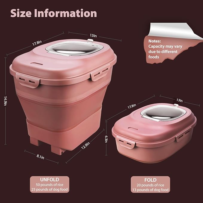 Viretec Cereal Rice Storage Containers, 20 to 50Lbs Collapsible Dry Food Dispenser Bins with Airtight Flip Lid Rolling Wheel, Kitchen Pantry to Store Sugar Flour, Dog Pet Cat Food Holder Container
