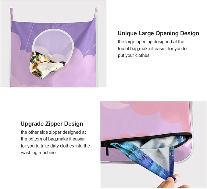1PC Hanging Laundry Hamper Bag Over the Door Laundry Hamper Wall Hamper Large Dirty Clothes Hamper with Stainless Steel Hooks 29.5x20Inch Purple Nature Sky