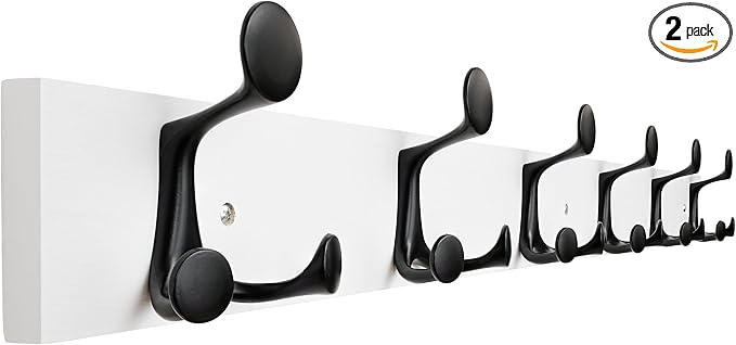 SKOLOO 39-Inch White Wood Coat Rack Wall Mount with 6 Triple Hooks - Ideal for Family Entrances, Classrooms, and Pet Supplies Storage - Perfect Coat Hooks for Wall, Pack of 2