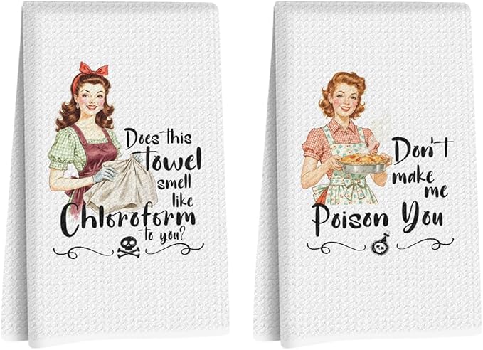 2 Pcs Funny Kitchen Towels 24x14 Inch, Housewife Reusable Microfiber Dish Cloth Hand Towel, Waffle Weave Tea Towels for Bathroom kitchen Farmhouse Decor, Hostess Gifts for Women Mom Friend