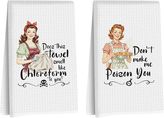 2 Pcs Funny Kitchen Towels 24x14 Inch, Housewife Reusable Microfiber Dish Cloth Hand Towel, Waffle Weave Tea Towels for Bathroom kitchen Farmhouse Decor, Hostess Gifts for Women Mom Friend