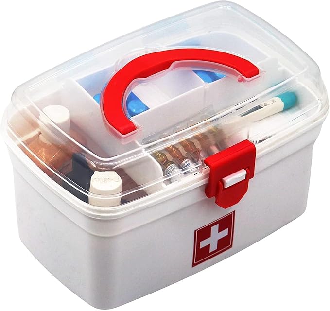 Silver Shark Plastic Medicine Box, First Aid Box, Detachable Tray with Handle, Emergency Indoor Outdoor Medical Utility Cabinet Organizer, Transparent, Portable & Lockable Container, White