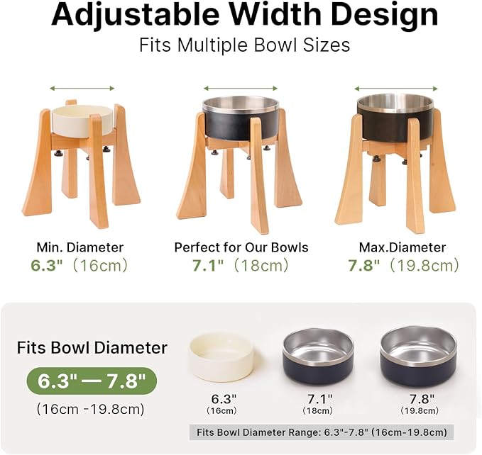 Solid Wood Elevated Dog Bowl Stand with Adjustable Width, 10-Inch Raised | Fits 6.3-7.8 Inch Dog Food & Water Bowls, Non-Slip Base, Ergonomic Design for Corgis, Beagles, Medium Breeds, Stand Only