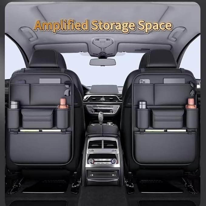 Leather Car Seat Organizer for Cars, SUV & Truck - Back Seat Headrest Storage Organizer with 6 Pockets, Large Capacity Waterproof Car Organizer Pocket for Phone, Bottle, Tissue, Toys