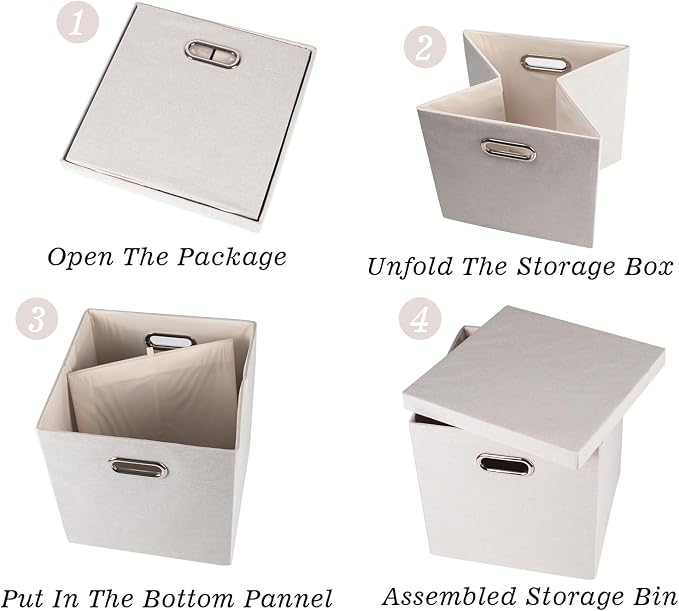 Storage Bins with Lids, Collapsible Linen Fabric Boxes Organizer Containers with Lid Foldable Storage Box Basket for Closet, Shelves, Home, Office, 12 x 12 x 12.4 Inch, 4 Pack, Beige