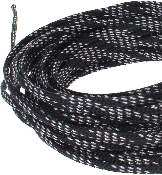 Heyiarbeit 10m/32.8ft PET Expandable Braided Sleeving 0.16-inch Width Flexible Wire Mesh Sleeve for USB Cable Power Cord Audio Video Cable - Protect Cat from Chewing Cords - Black Silver