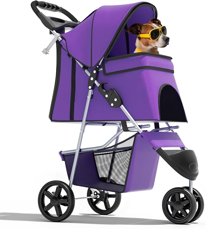 Magshion 3-Wheel Pet Stroller for Small/Medium Dogs & Cats, Up to 33lbs | Foldable Travel Jogger w/ Breathable Mesh Cover, Lightweight Design, Safety Tethers, Cup Holder & Storage Basket