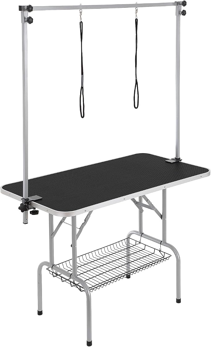 VEVOR Pet Grooming Table, 46 Inch Grooming Station with 2 Height Adjustable Arms, 330LBS Static Load Capacity, Foldable Dog Groom Station with No-Sit Haunch Holder with Loop, for Medium/Small Dogs