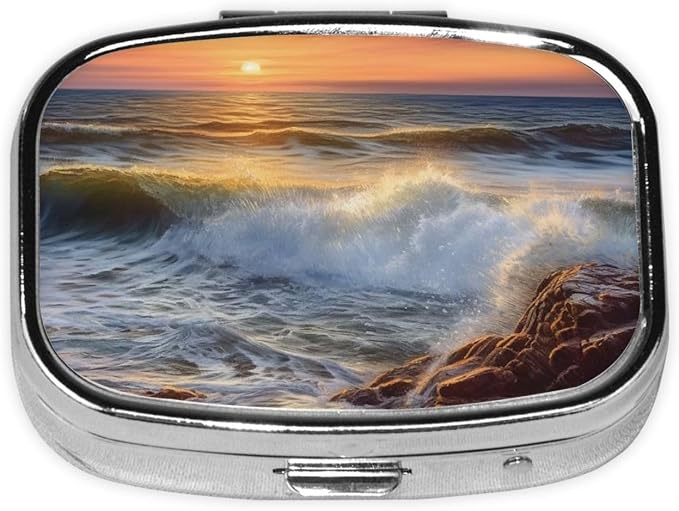 Square Pill Box Rocky Wave Sunset Painting Pill Case for Purse & Pocket 3 Compartment Pill Organizer Portable Travel Pillbox Medicine Pill Holder Container for Daily Vitamin Cod Liver Oil Storage