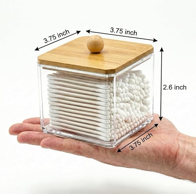 SheeChung Square Acrylic Qtip Holder with Bamboo Lid, Set of 1 Bathroom | Qtip Holder for Bathroom, Clear Apothecary Jar for Cotton Balls, Beauty Pads, Hair Ties, Boho Vanity Decor & Organizer