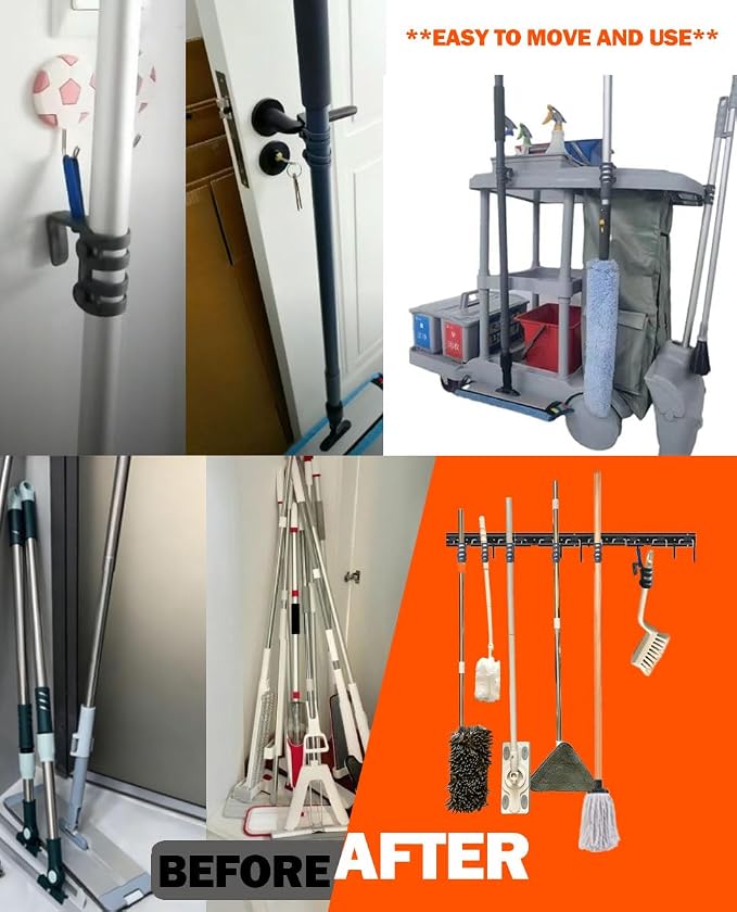 Broom and Mop Organizer for Cleaning Cart Wall Hanging Broom Holder with Hooks Tool Holder for Garage Garden Tool Rack Mop Holder Wall Mount Broom Hanger for Home Kitchen Bathroom