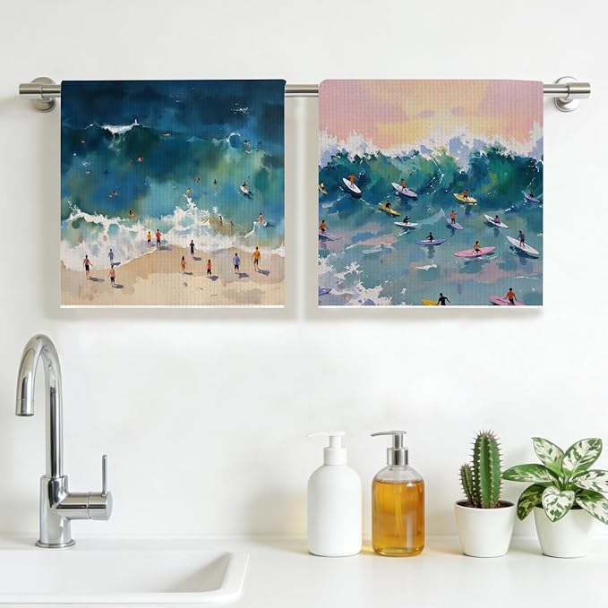 2PCS Coastal Surf Beach Summer Decor Dish Towels 16x24 Inch, Absorbent Microfiber Decorative Dish Cloth Tea Towel, Surf Ocean Beachy Bathroom Room Decor Aesthetic, Housewarming Gifts for Women Men