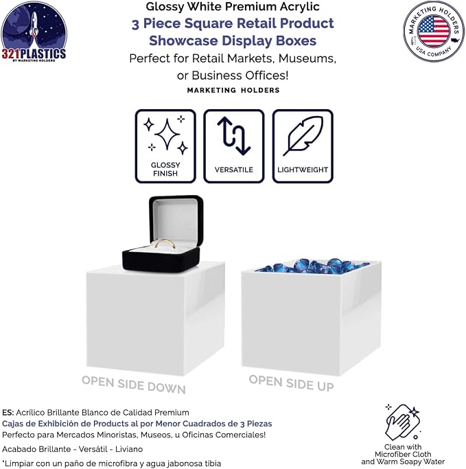 2 Pack Acrylic Display Riser Boxes 3 Piece White Retail Product Riser No Lid with Hollow Bottom 4", 5", 6" High Nesting Bins One Open Side Merchandise Storage Box by Marketing Holders