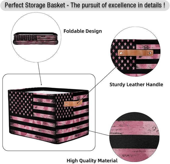 Pardick Flag Basket Storage Bins Rectangle Canvas Basket Cube Storage Box | Nursery Foldable Basket with Handle for Kids Girls Boys Toys Living Room Closet Organizer Shelf Gifts Camo Pink
