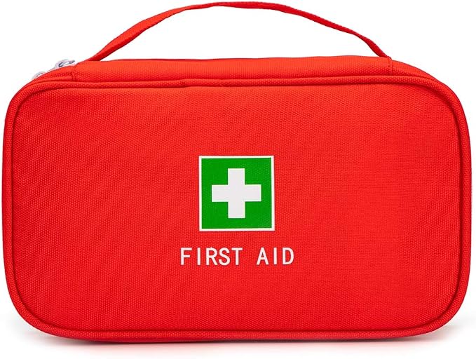 Red First Aid Bag Empty Travel Rescue Pouch First Responder Storage Medicine Emergency Bag for Car Home Office Kitchen Sport Outdoors (Red with Handle Green Print)
